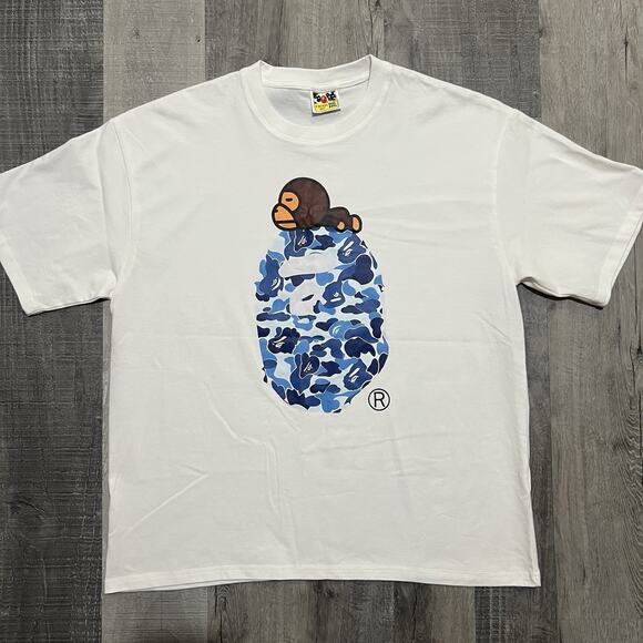Bape ABC Camo Milo On Big Ape Tee White/Blue Mens T Shirt - Picture 1 of 4